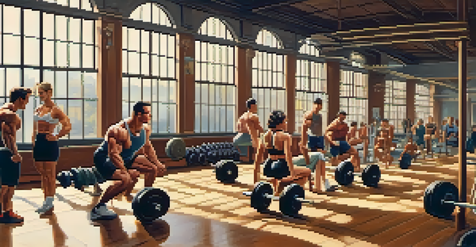 A diverse group of individuals lifting weights in a vintage gym, showcasing determination and strength.