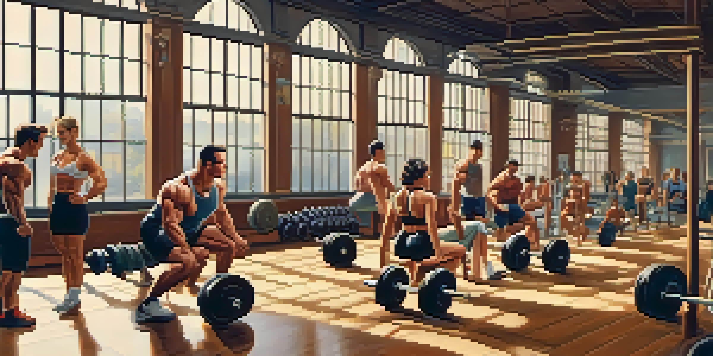 A diverse group of individuals lifting weights in a vintage gym, showcasing determination and strength.