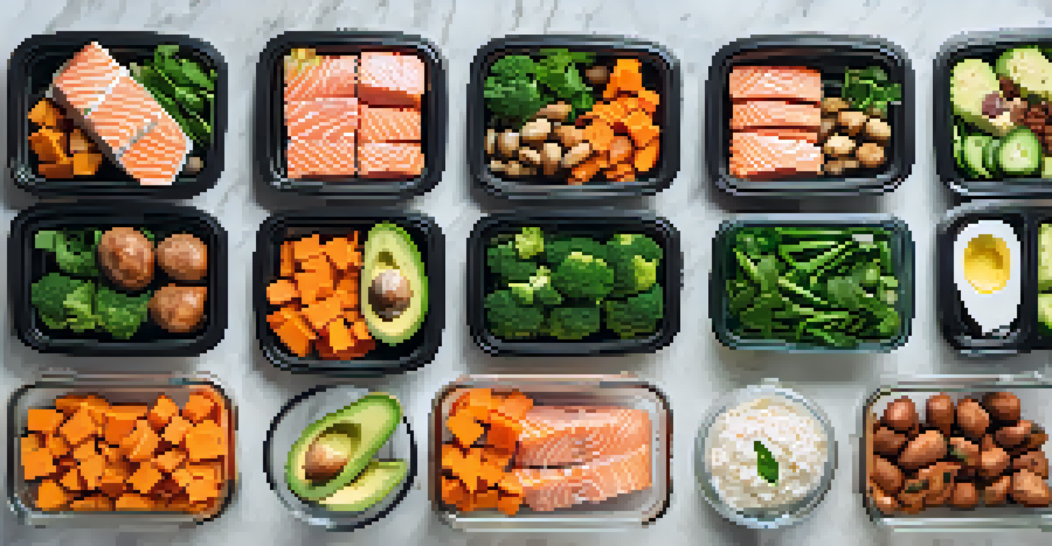 An overhead view of meal prep containers filled with protein, carbohydrates, and fats, labeled and organized on a kitchen countertop.