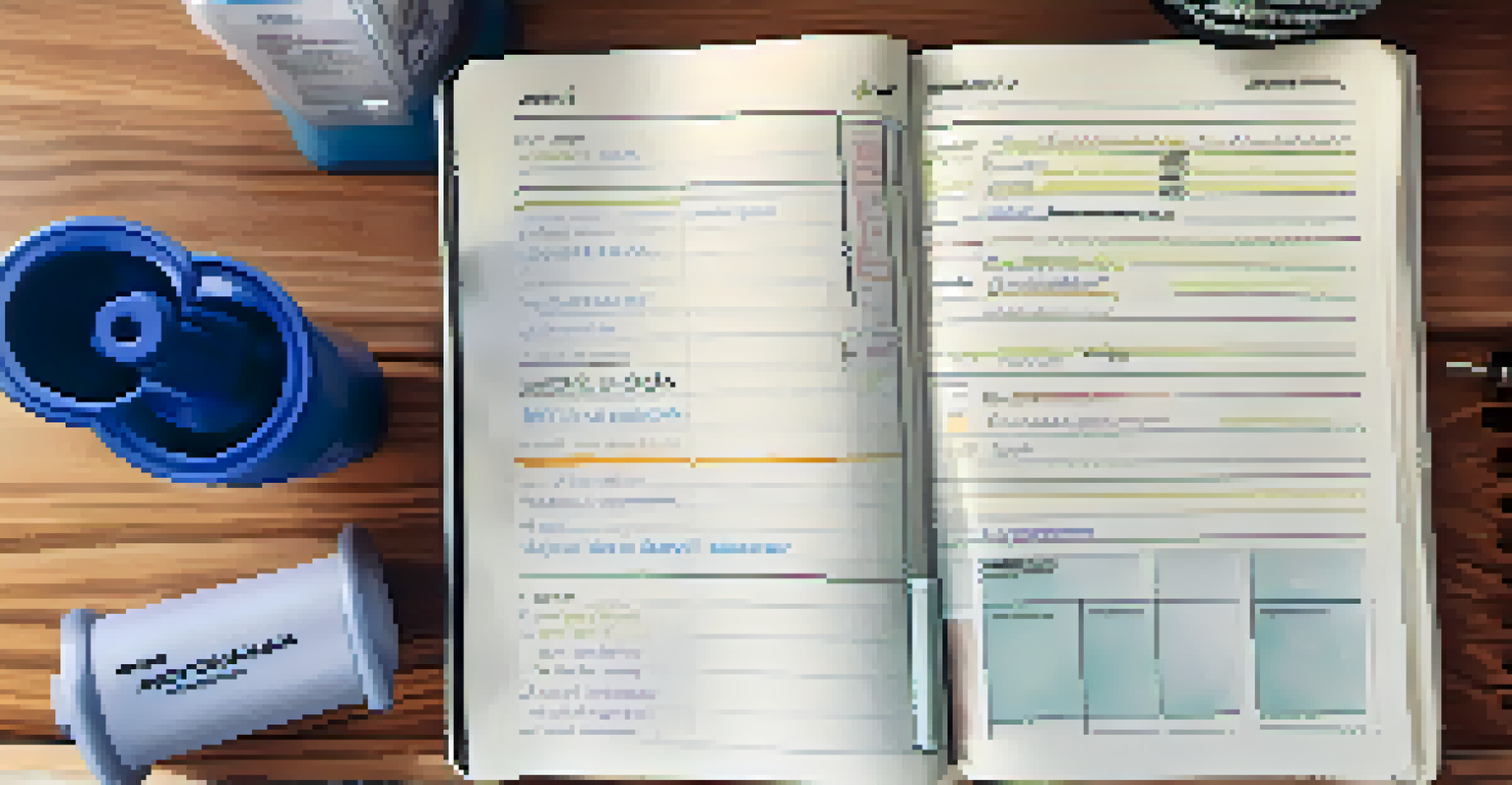 A close-up of a workout journal with notes and logs on a gym bench next to a dumbbell and water bottle.