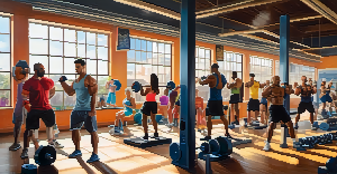 A lively gym scene where people of different backgrounds are engaged in bodybuilding exercises, surrounded by colorful equipment and bright lighting.