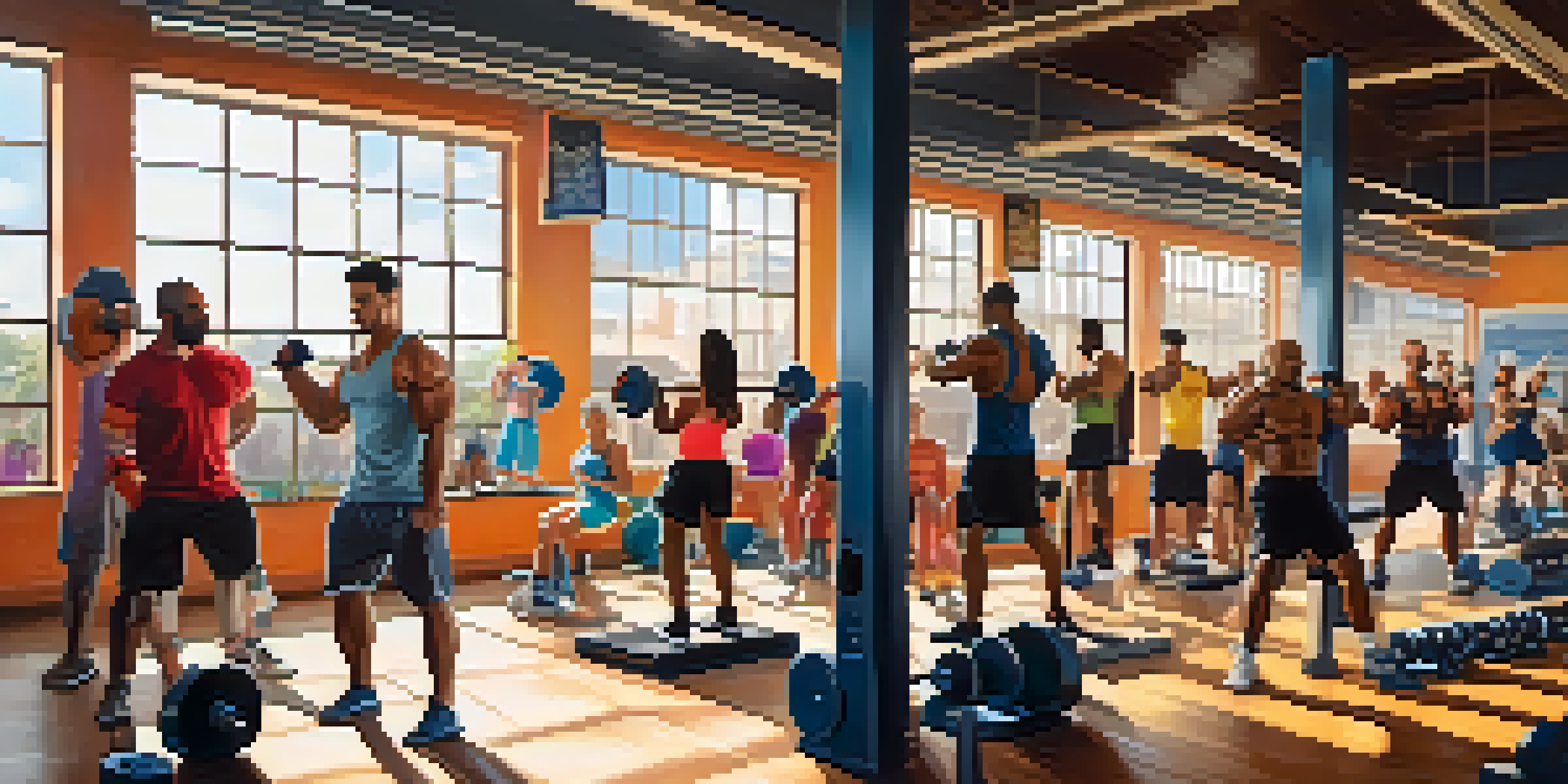A lively gym scene where people of different backgrounds are engaged in bodybuilding exercises, surrounded by colorful equipment and bright lighting.