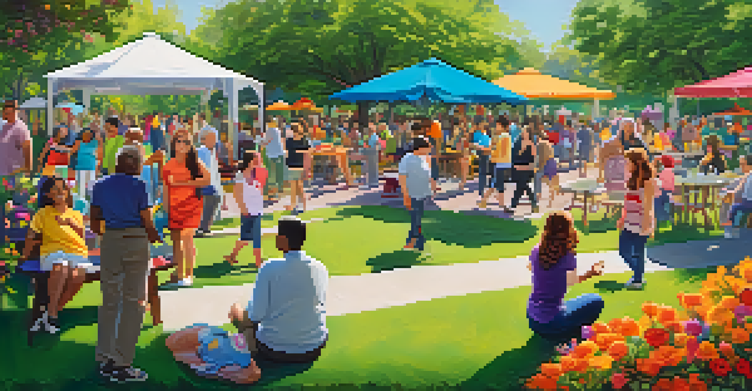 A lively community gathering in a park with people of different ages and body types engaging in various activities, surrounded by greenery and flowers.