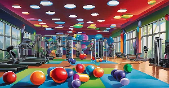 Three colorful amino acid molecules are floating above a gym setting filled with exercise equipment.