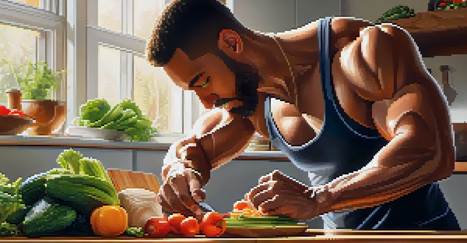 A bodybuilder preparing a healthy meal in a modern kitchen, focusing on fresh ingredients and mindful eating.