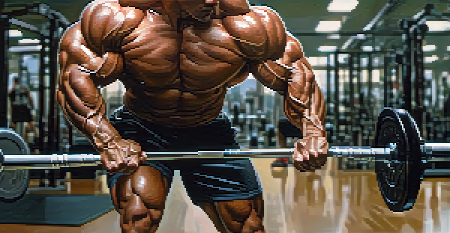 A close-up of a bodybuilder lifting a light barbell, emphasizing their muscular arms and shoulders in a gym setting.