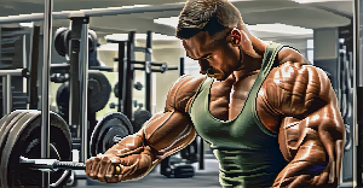 A bodybuilder lifting weights in a gym with a bowl of nuts and olive oil in the foreground.