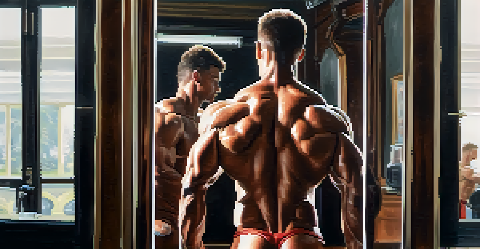 A bodybuilder practicing poses in front of a mirror, showing detailed reflections of their muscles in soft natural light.