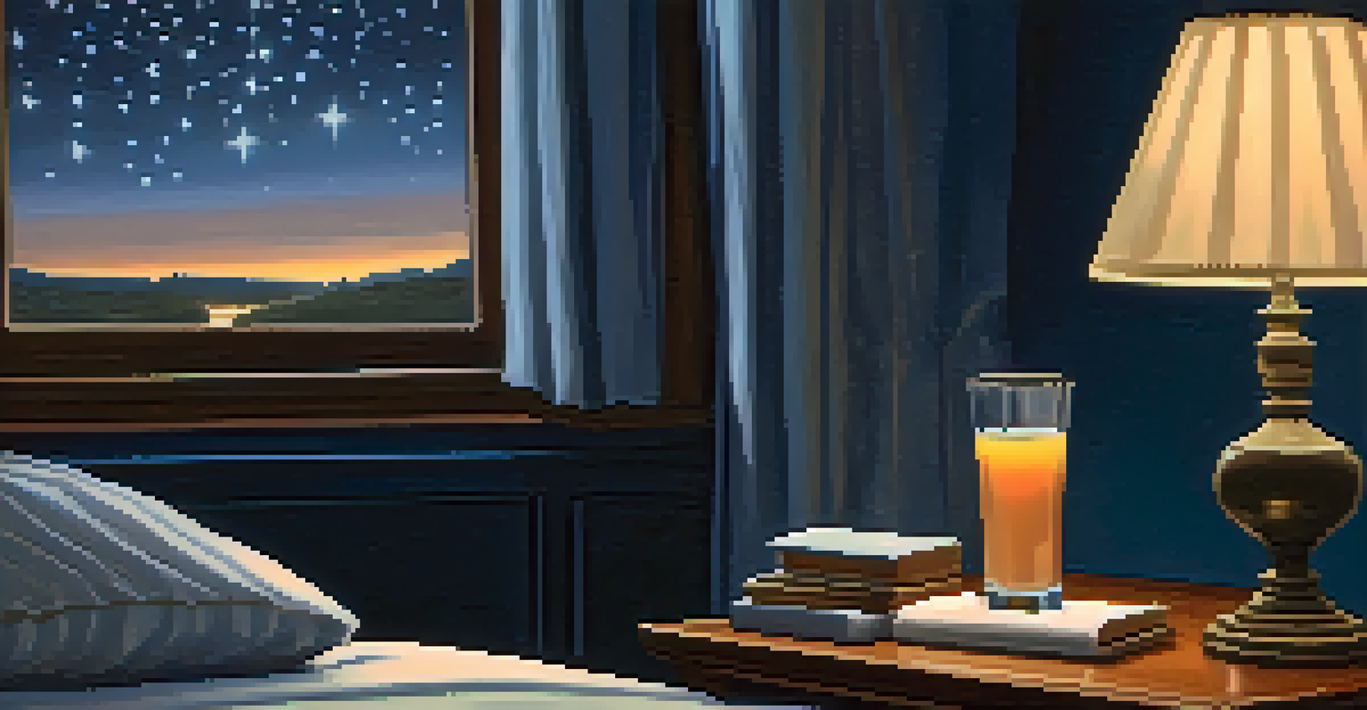 A bedroom setting with a glass of casein protein drink on a bedside table beside a book and a lamp.