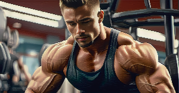 A muscular athlete lifting weights in a gym, emphasizing defined muscles in the arms and shoulders, with bright lighting and blurred gym equipment in the background.