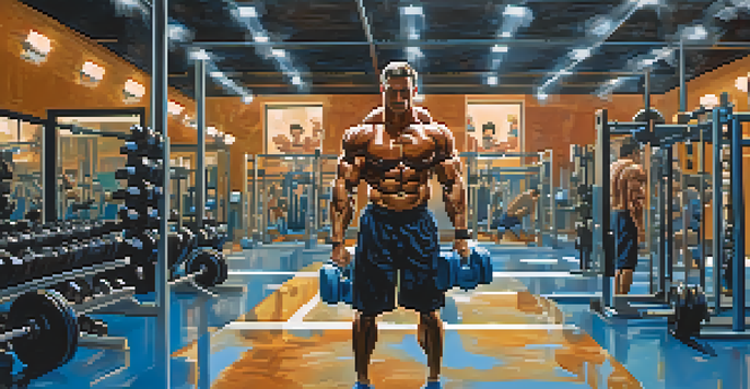 A bodybuilder lifting weights in a gym, with water bottles and a towel around, emphasizing hydration during workout.