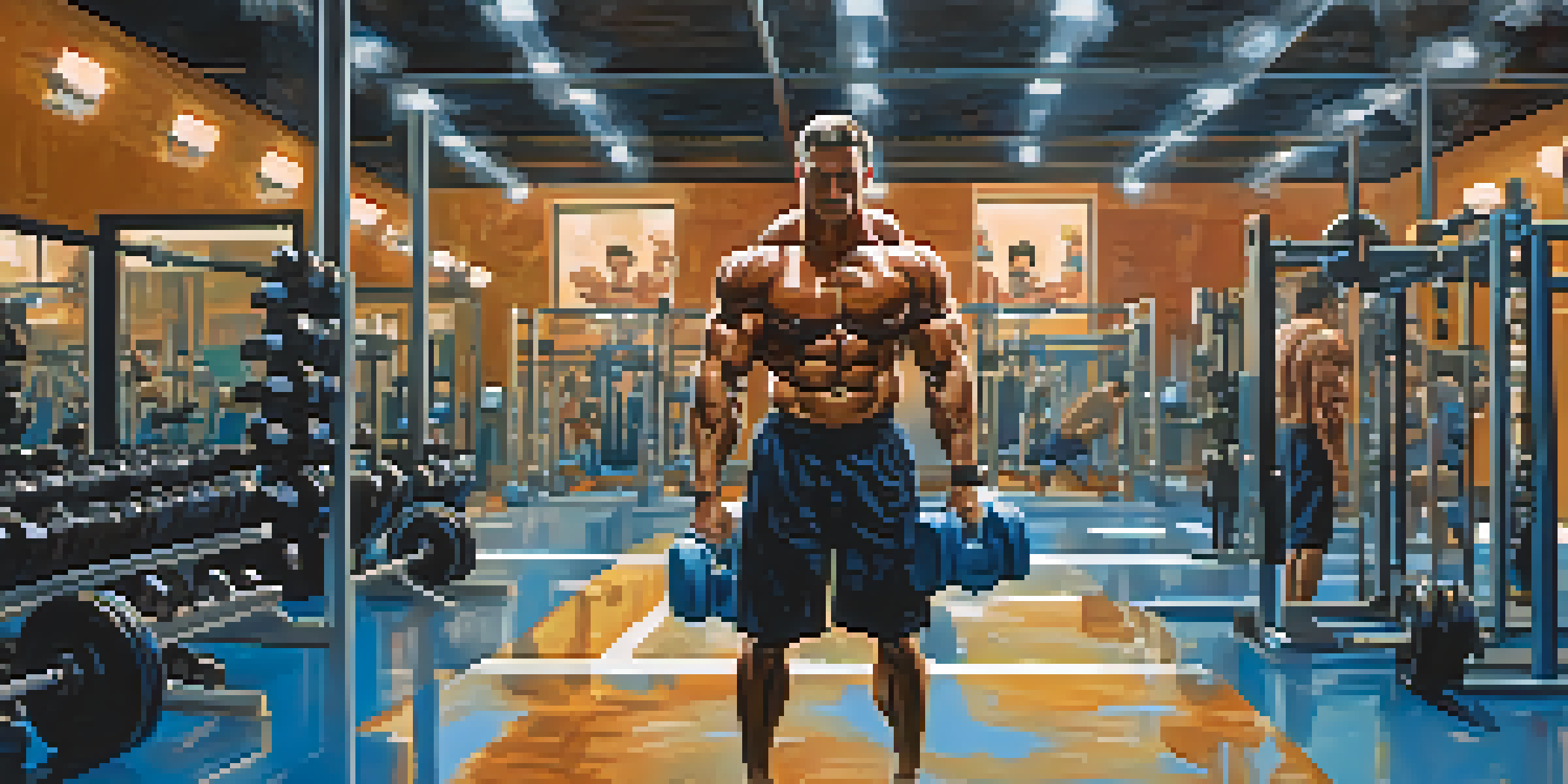 A bodybuilder lifting weights in a gym, with water bottles and a towel around, emphasizing hydration during workout.