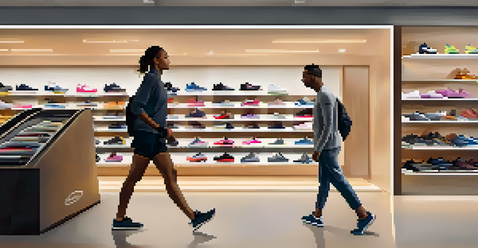 An athlete testing different training shoes on a treadmill in a shoe store, with boxes of shoes around.