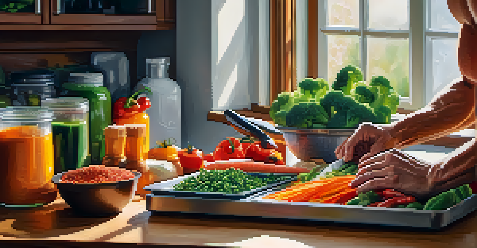 A close-up of hands preparing a healthy meal in a kitchen with fresh ingredients and meal prep containers.