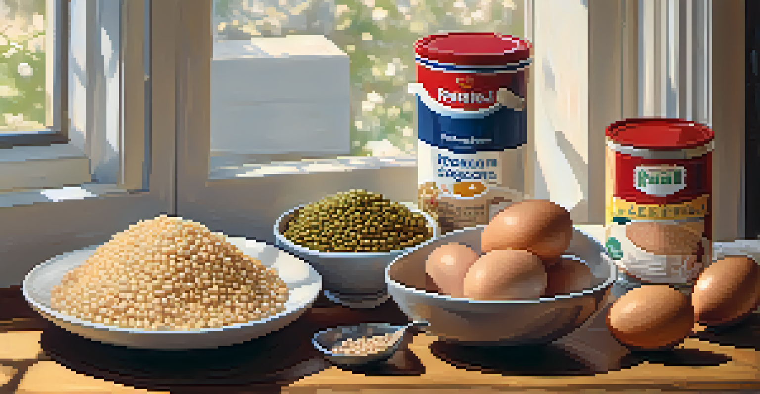 An artistic display of various protein sources such as chicken, eggs, lentils, and tuna on a wooden table.