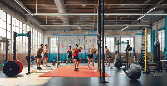 A diverse group of individuals training in a gym, focusing on high-volume workouts with weights and resistance bands.