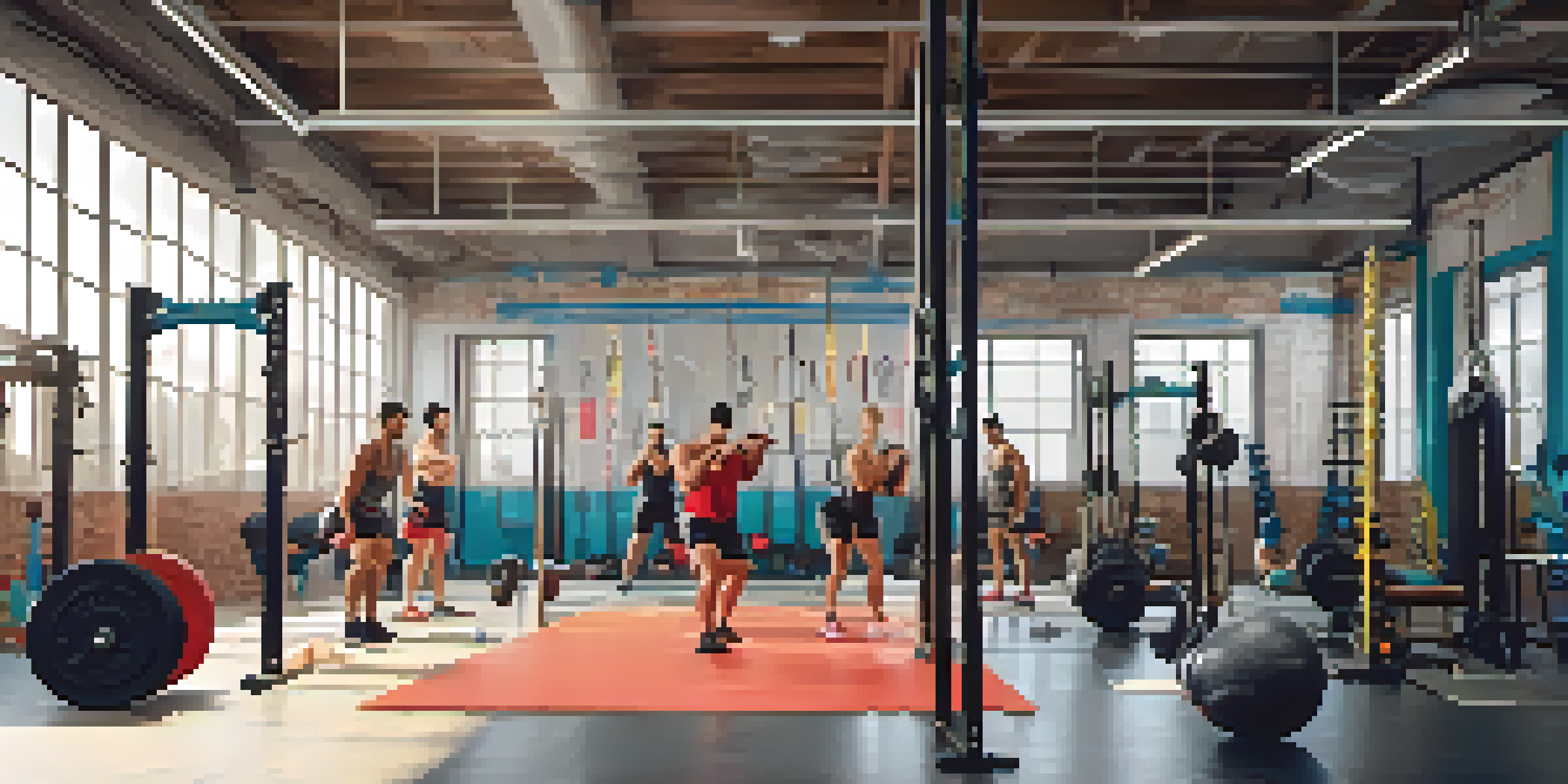 A diverse group of individuals training in a gym, focusing on high-volume workouts with weights and resistance bands.
