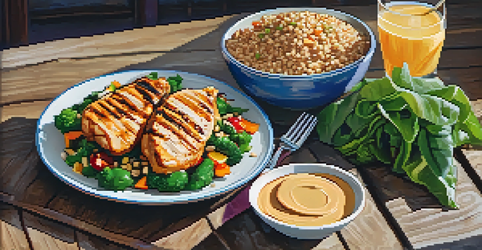A post-workout meal with grilled chicken, quinoa, and colorful vegetables on a rustic wooden table, accompanied by a glass of coconut water and a banana with peanut butter.