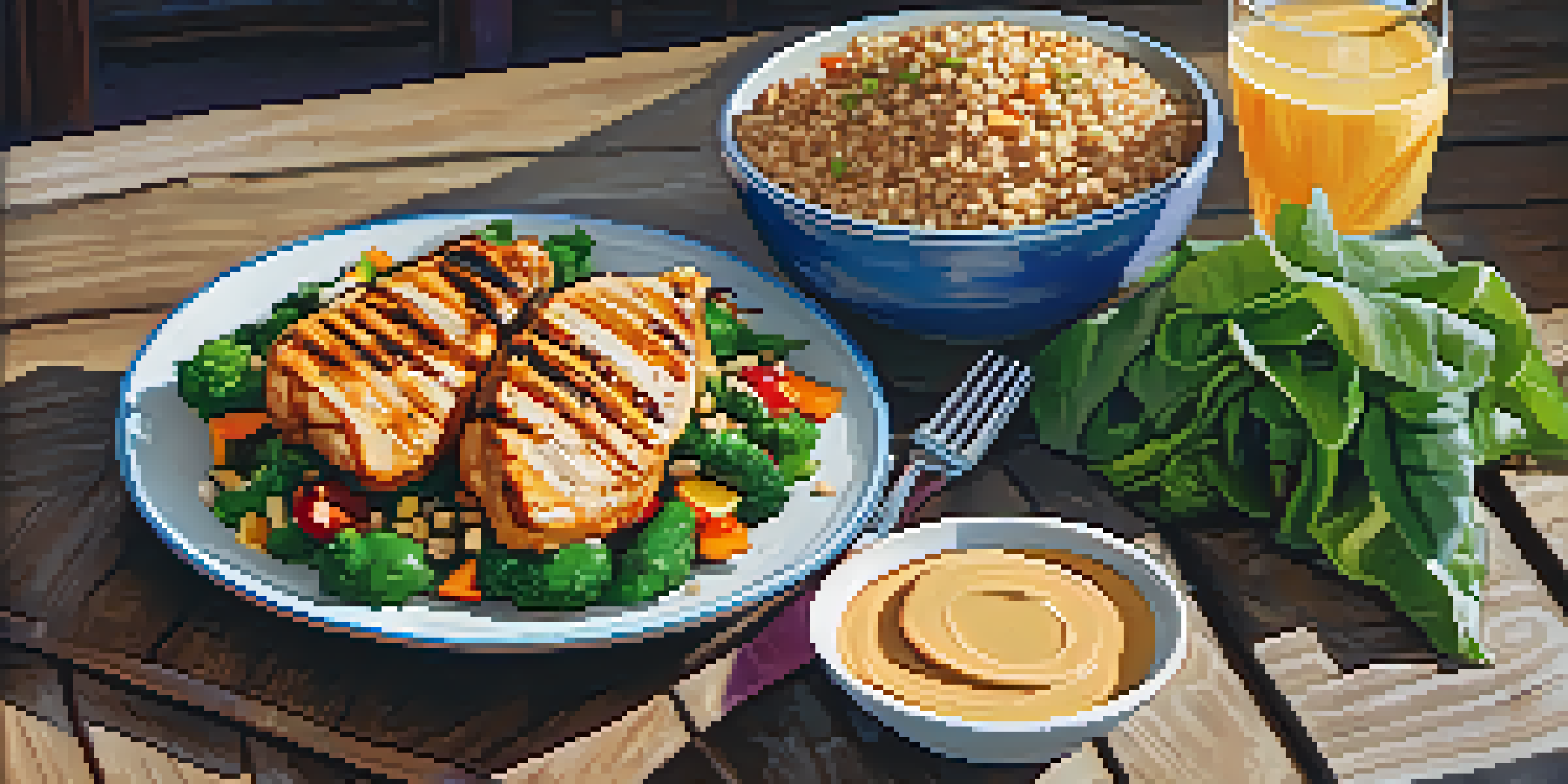 A post-workout meal with grilled chicken, quinoa, and colorful vegetables on a rustic wooden table, accompanied by a glass of coconut water and a banana with peanut butter.