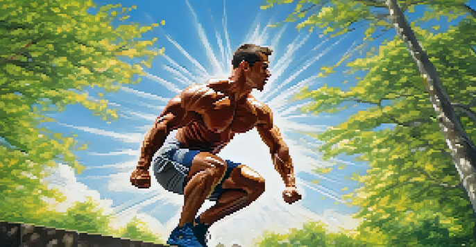 A bodybuilder doing a jump squat outdoors, showcasing strength and determination, with a sunny sky and trees in the background.