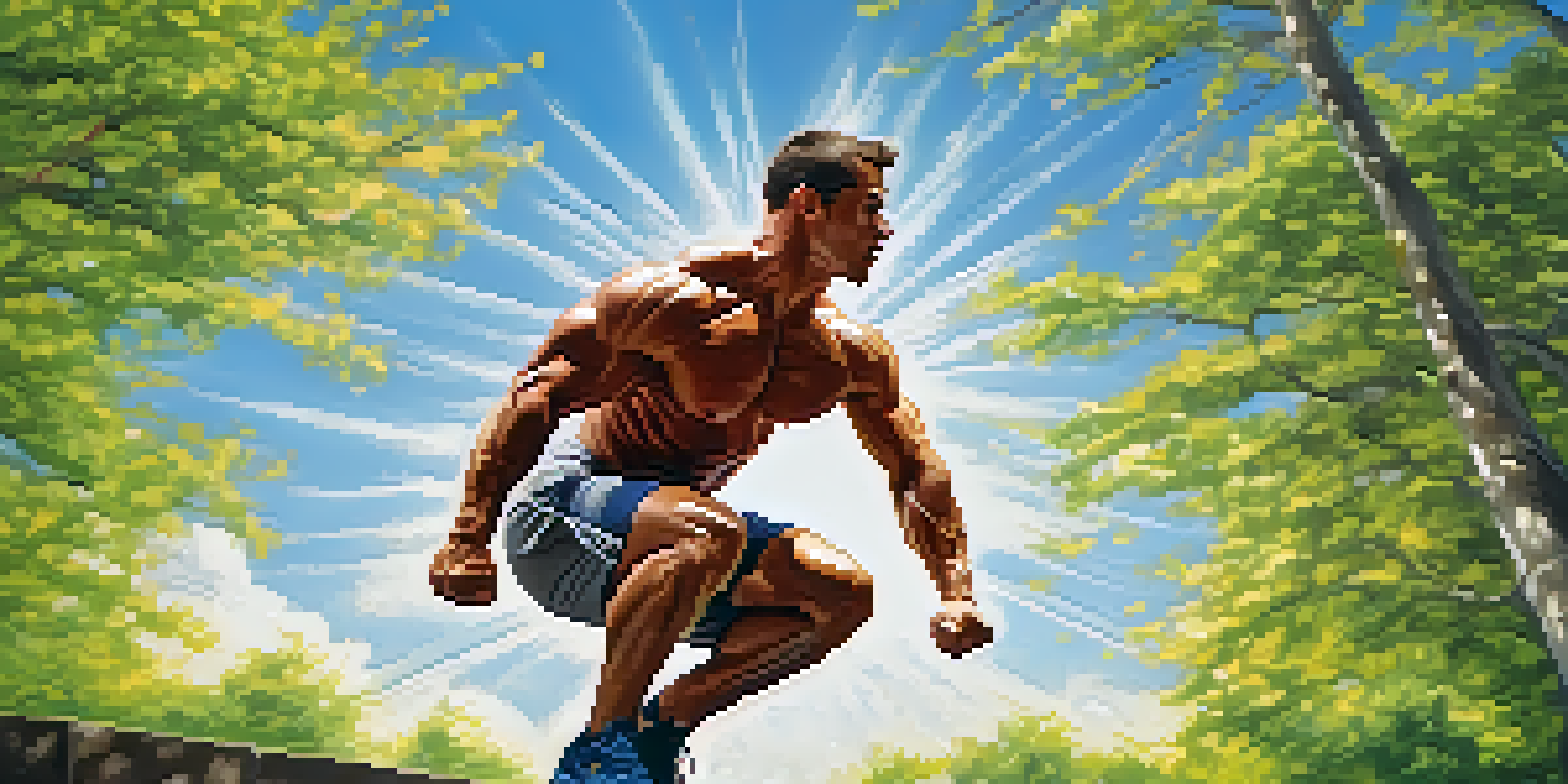 A bodybuilder doing a jump squat outdoors, showcasing strength and determination, with a sunny sky and trees in the background.