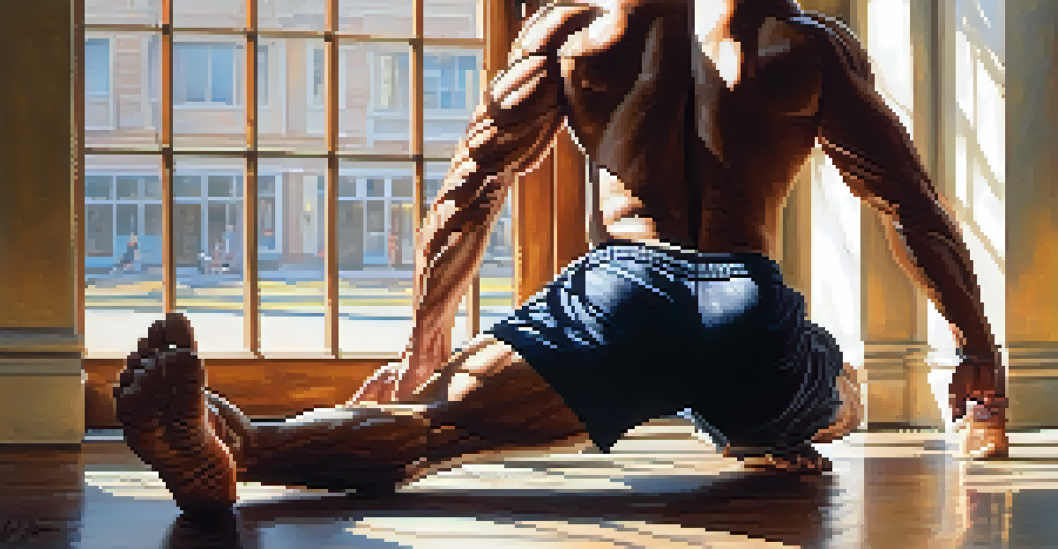 Close-up of a bodybuilder performing a seated hamstring stretch with textured gym floor and natural light.