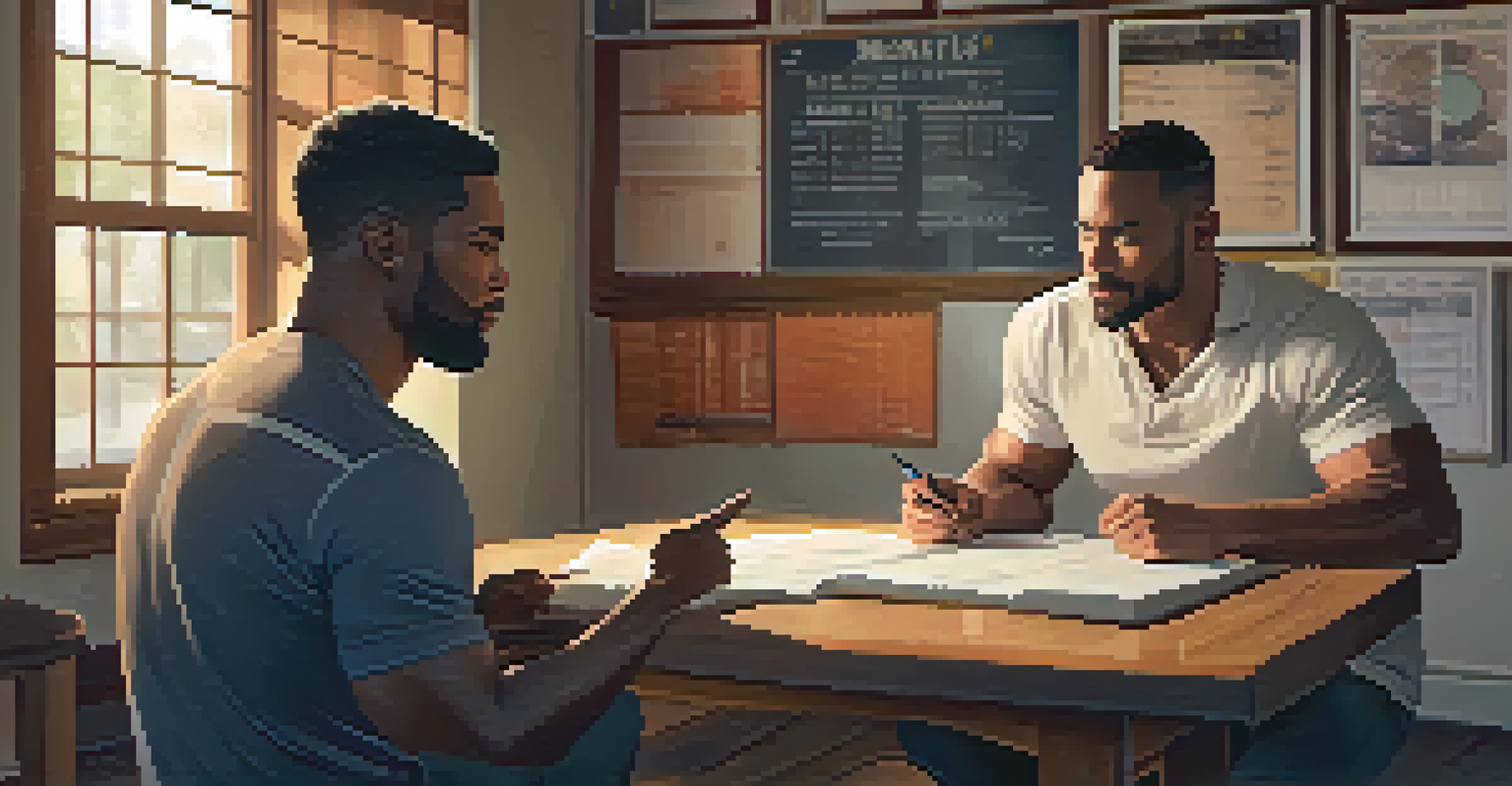 A mentor and mentee discussing a training plan in a cozy gym corner, with notes and a workout chart.