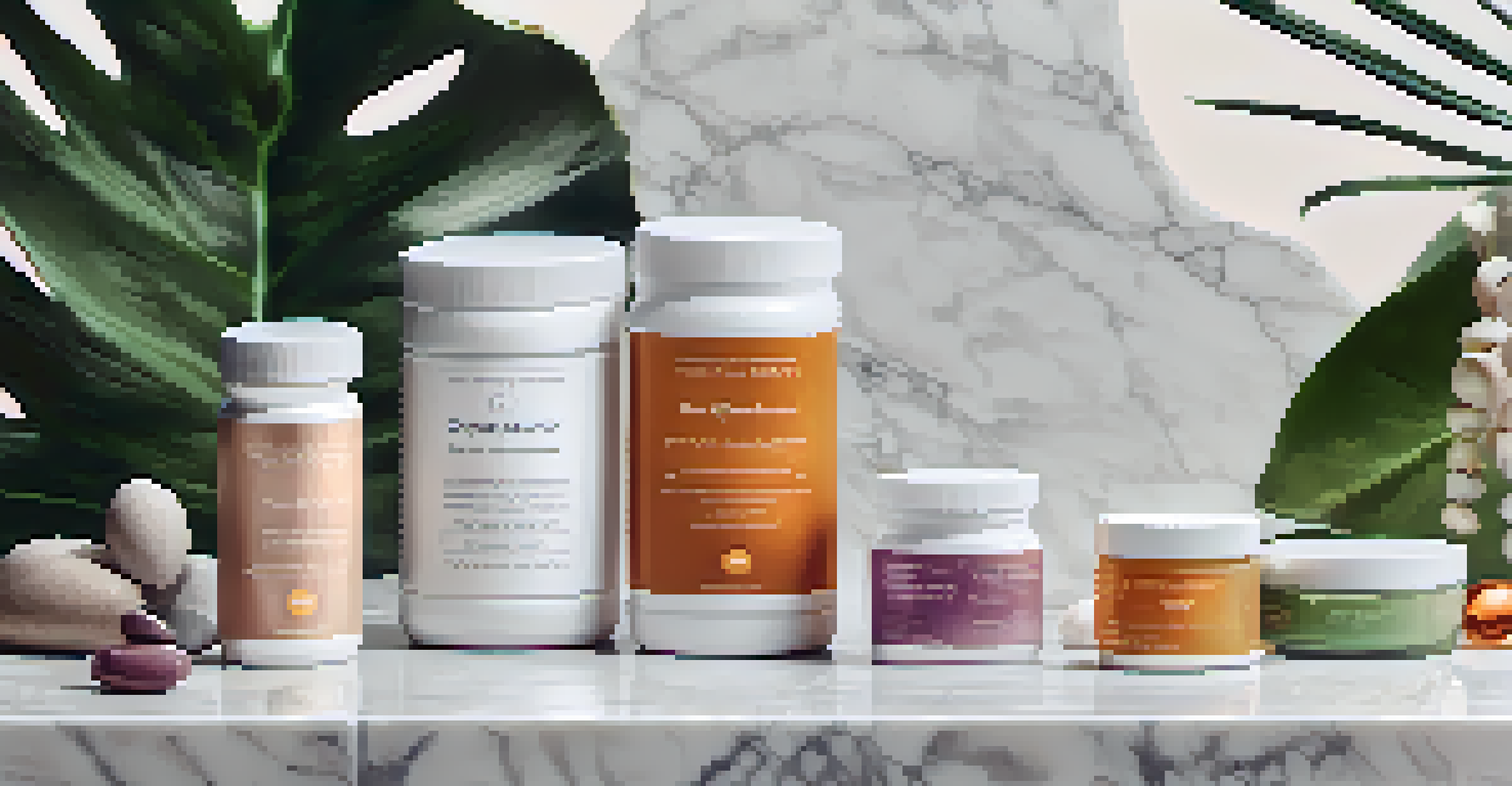 A collection of collagen supplements in different forms on a marble countertop, surrounded by natural elements, with soft lighting.