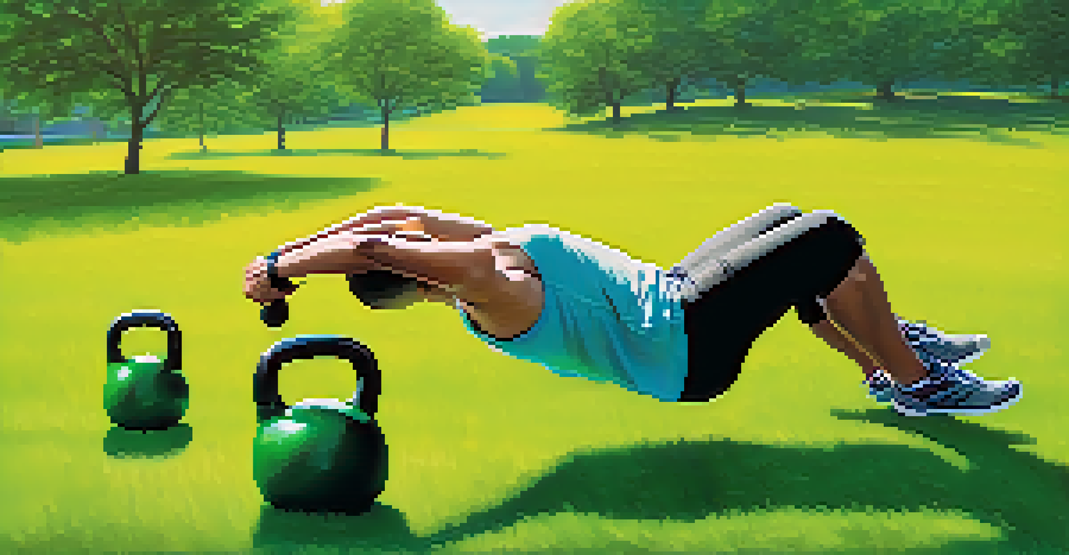 A person performing a kettlebell swing in a park, emphasizing core engagement.