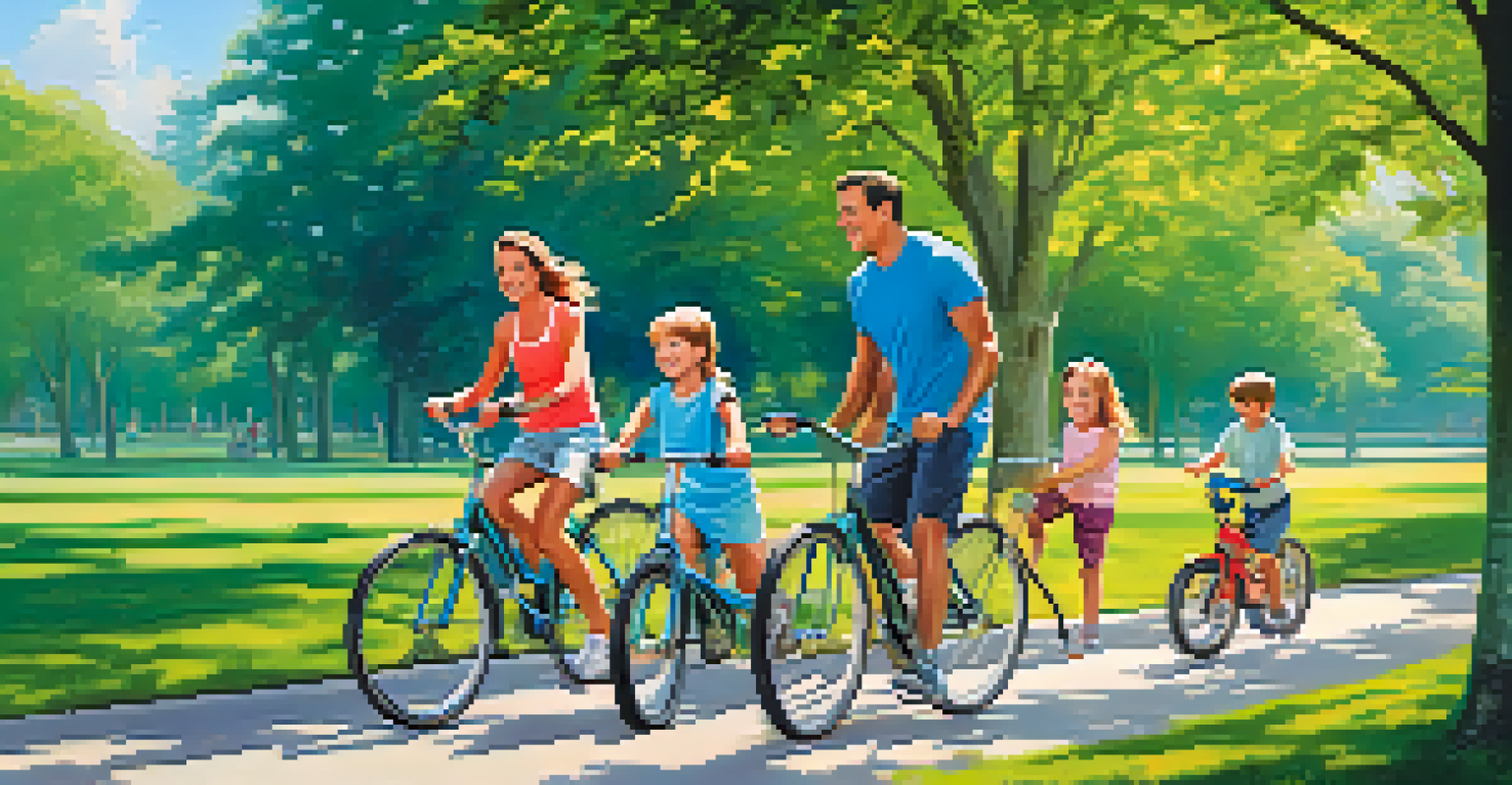 A family jogging and biking together in a park, surrounded by greenery and blue skies.