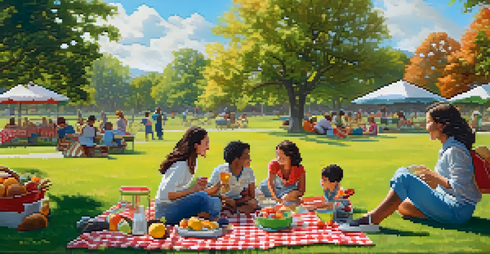 A colorful family picnic in a sunny park with a diverse group enjoying food on a blanket while children play in the background.