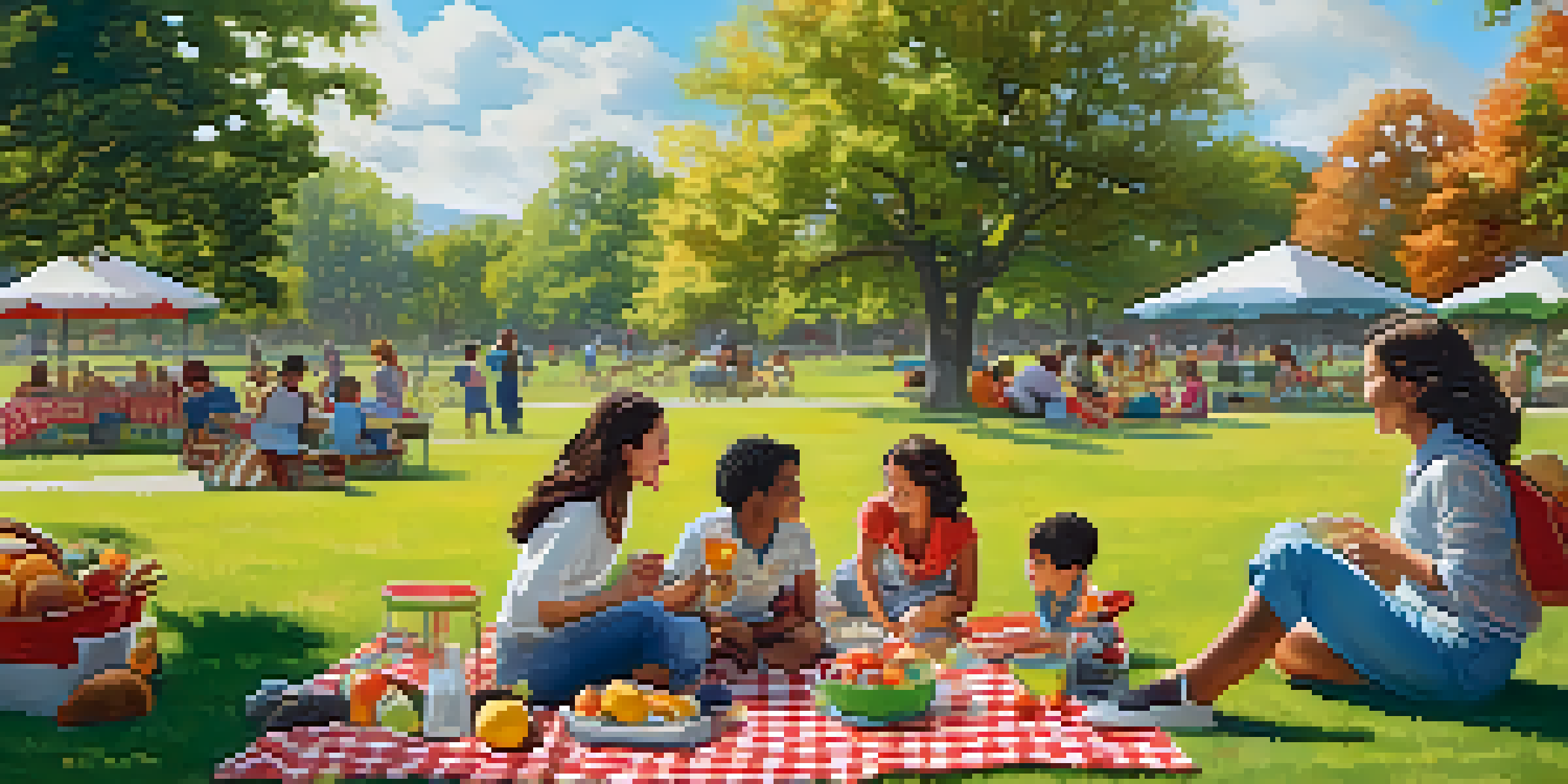 A colorful family picnic in a sunny park with a diverse group enjoying food on a blanket while children play in the background.
