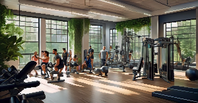 A diverse group of individuals working out in a bright gym, surrounded by weights and motivational quotes, with natural light streaming in.