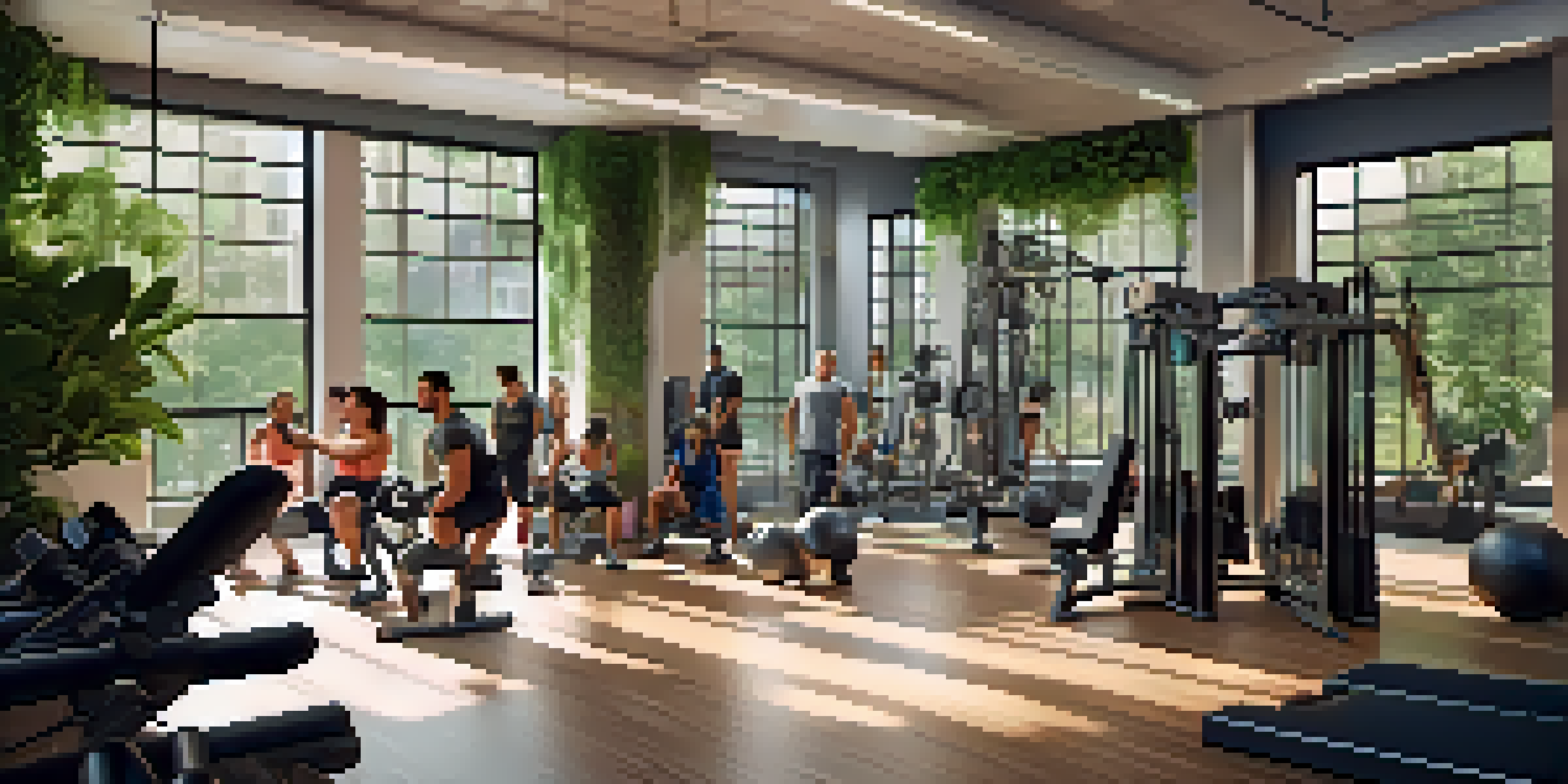 A diverse group of individuals working out in a bright gym, surrounded by weights and motivational quotes, with natural light streaming in.