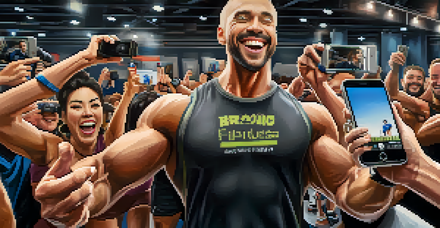 A lifter taking selfies with fans at a bodybuilding event, surrounded by cameras and vibrant social media banners, conveying a sense of excitement.