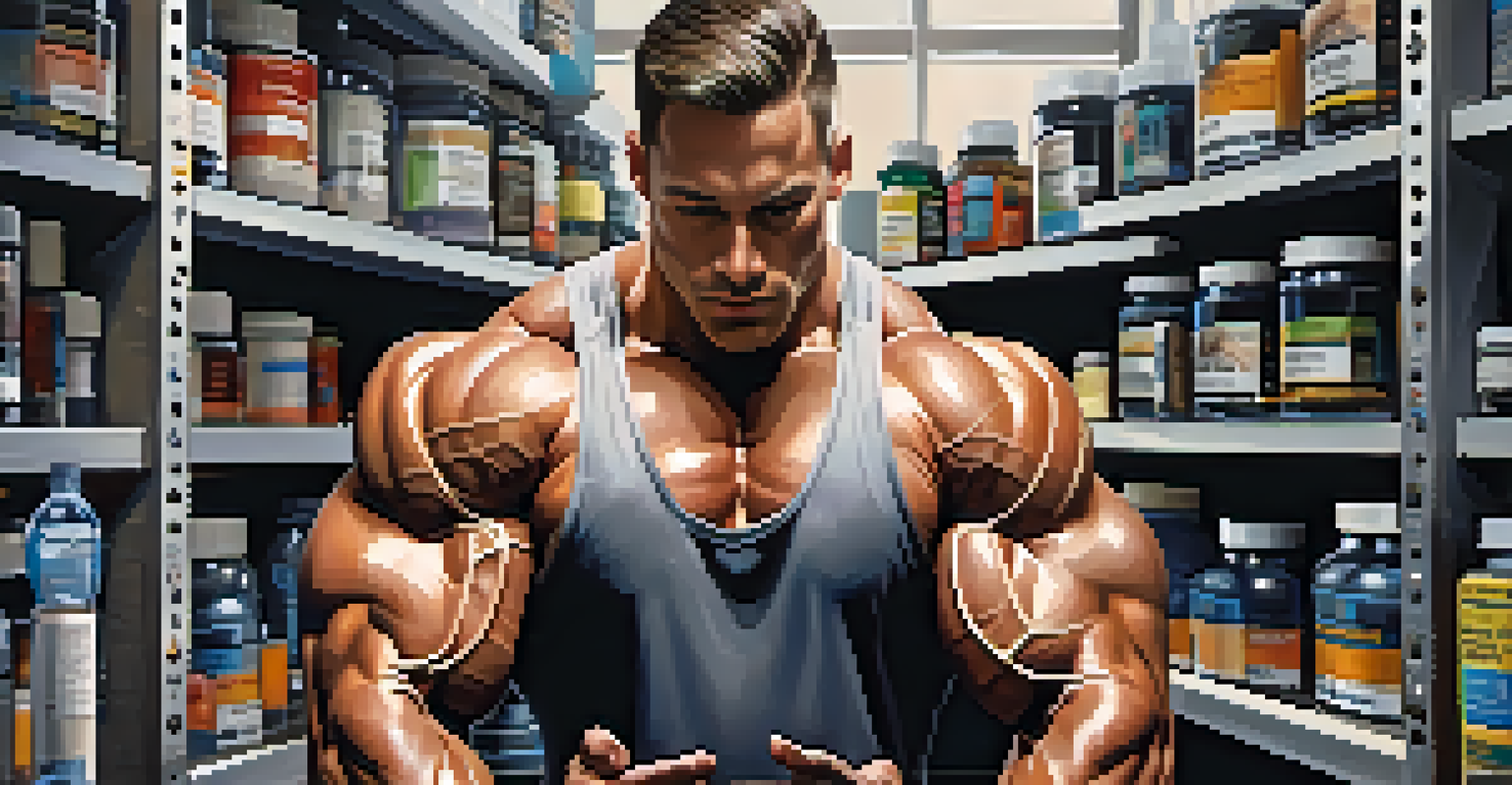 A bodybuilder lifting weights in a gym surrounded by various supplements, signifying dedication to fitness.