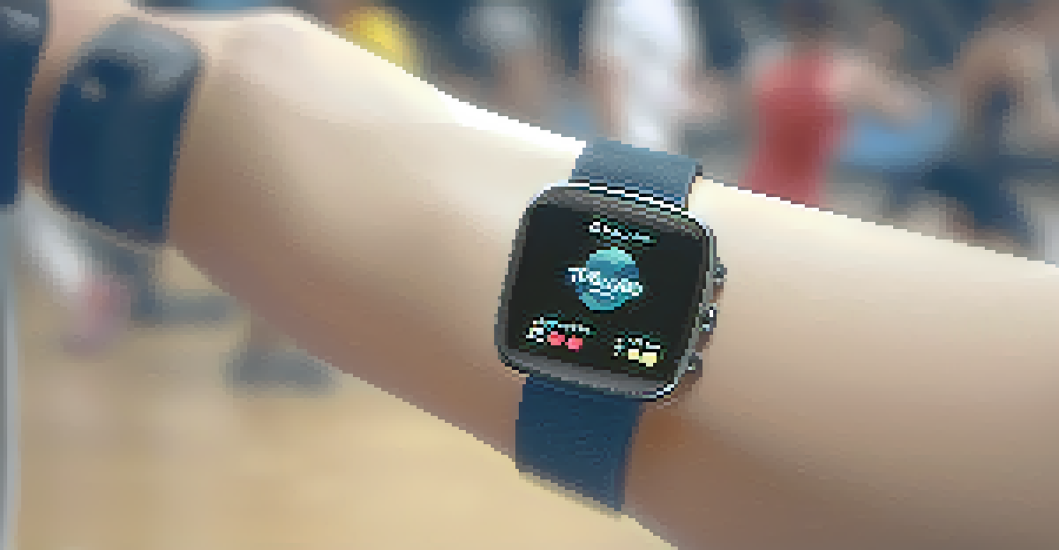 A close-up of a fitness tracker showing workout statistics, set against a blurred gym background filled with exercise equipment.
