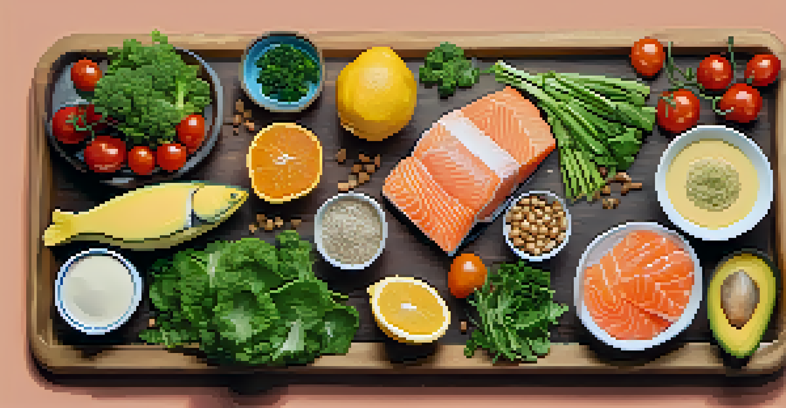 A colorful meal prep arrangement showcasing healthy foods like salmon, vegetables, and grains on a wooden table.