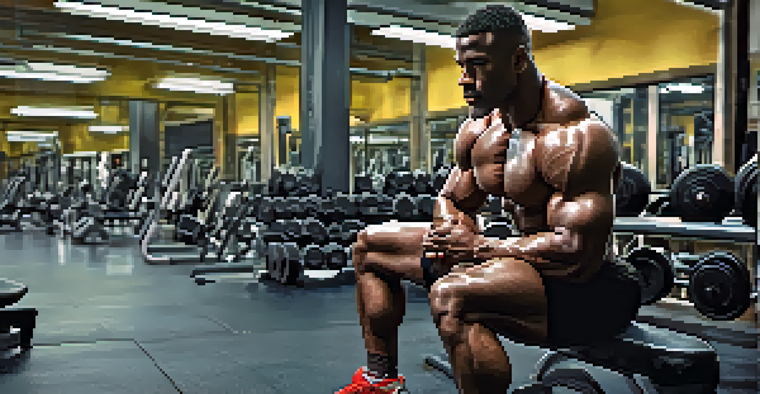 A muscular African-American bodybuilder sitting on a bench in a gym, resting with a towel around his neck and a water bottle beside him.
