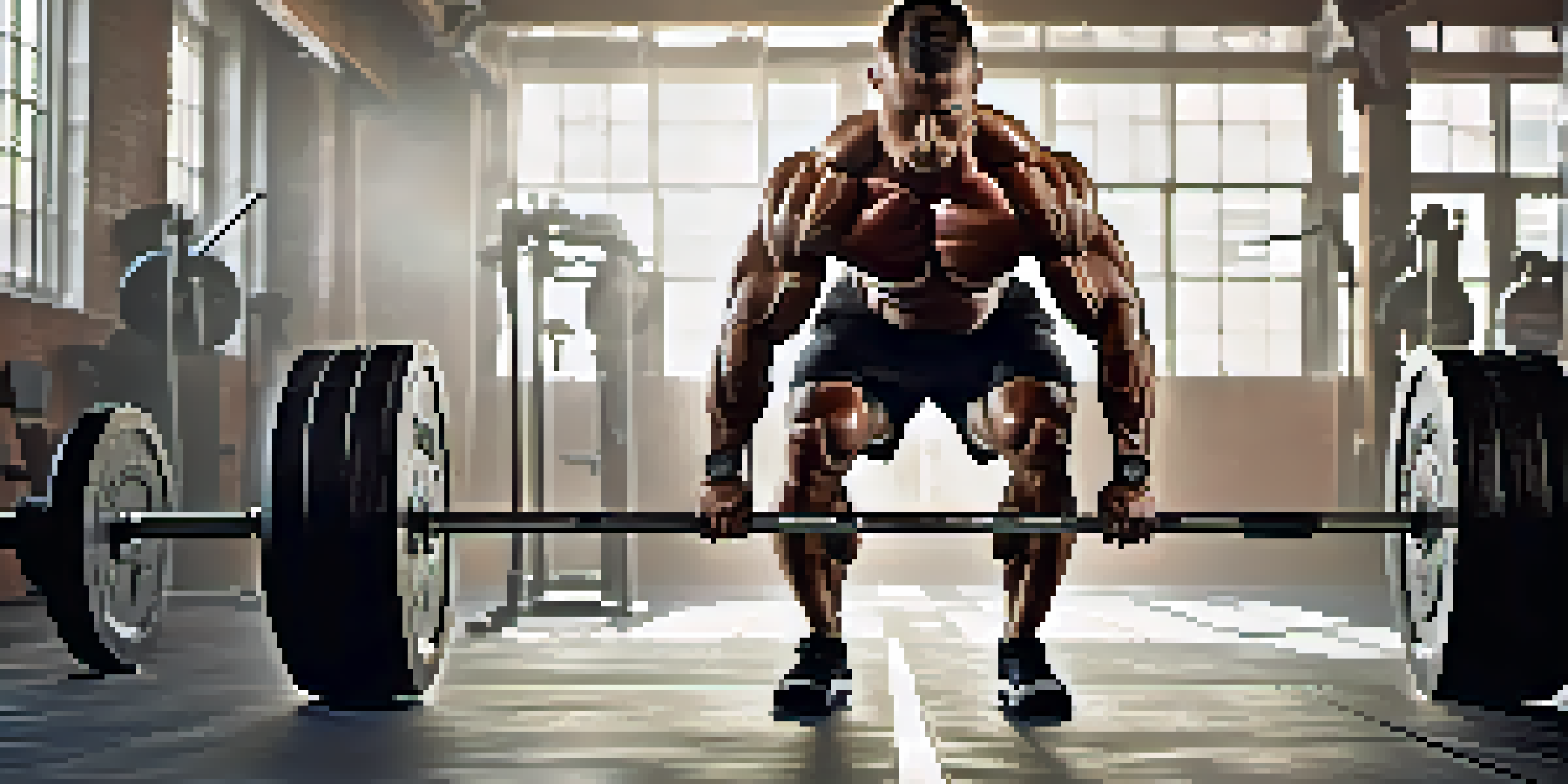 A determined bodybuilder lifting weights in a gym, demonstrating correct lifting technique with a strong focus on form.