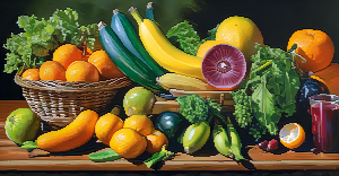 A colorful assortment of fruits and vegetables rich in electrolytes, including bananas, oranges, leafy greens, pickles, and olives, arranged on a wooden table.