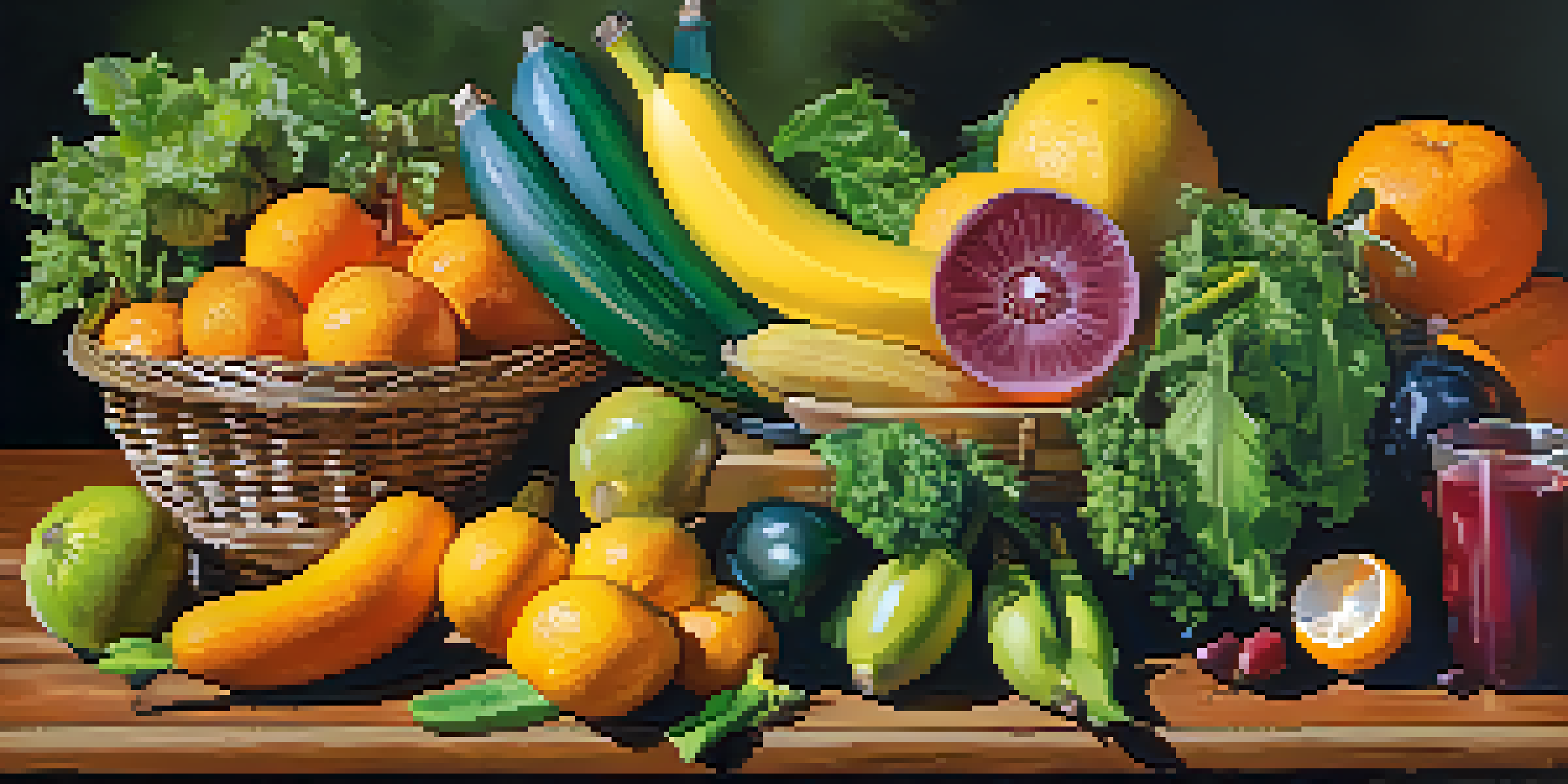 A colorful assortment of fruits and vegetables rich in electrolytes, including bananas, oranges, leafy greens, pickles, and olives, arranged on a wooden table.