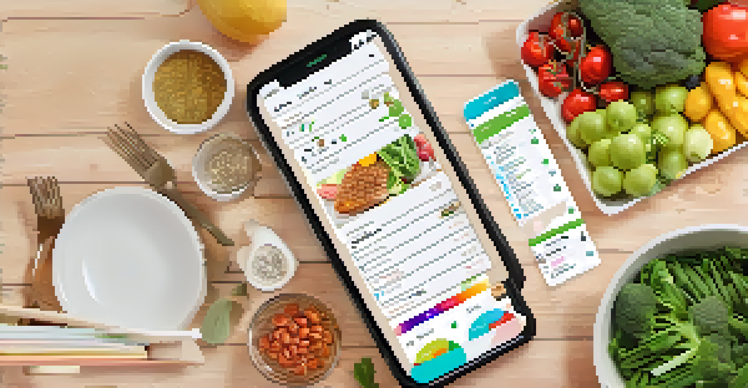 A smartphone displaying a nutrition app with a daily meal plan and colorful graphs on a wooden table surrounded by meal prep containers and fresh ingredients.