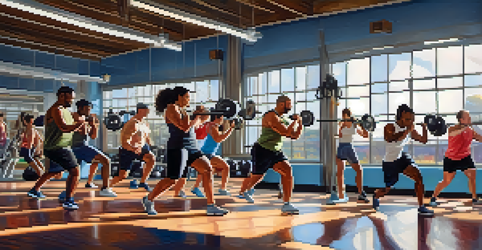 A diverse group of people exercising in a bright gym, demonstrating high-intensity workouts with weights and dynamic movements.