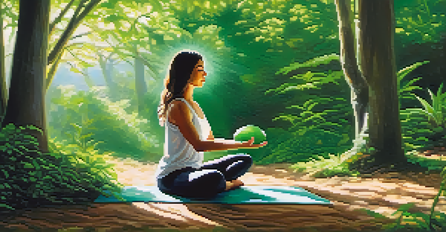 A person doing yoga in a green outdoor setting, holding a green supplement capsule in one hand, with sunlight filtering through the trees.