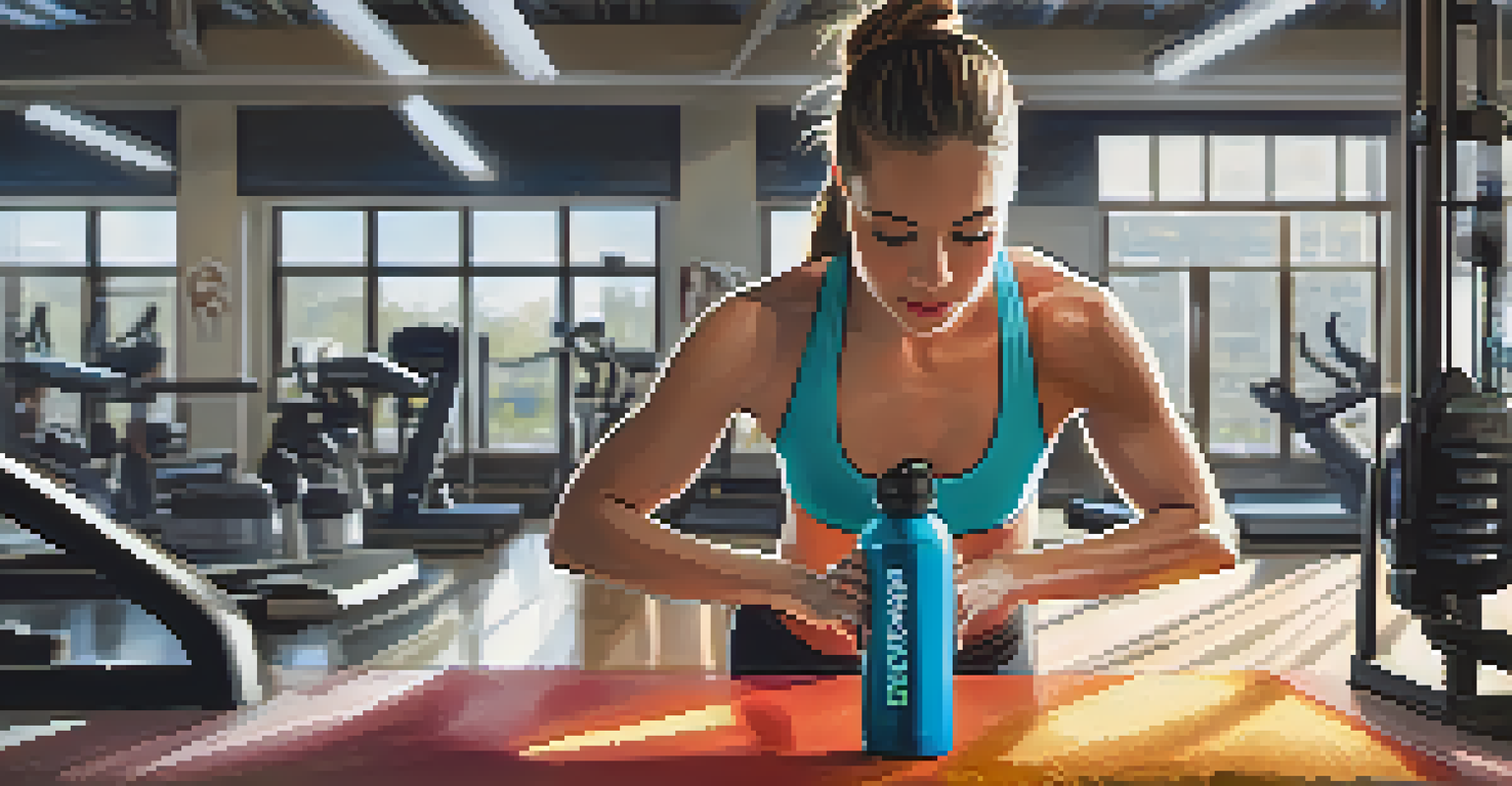 A fitness enthusiast at the gym mixing a protein shake in a shaker bottle, surrounded by gym equipment.