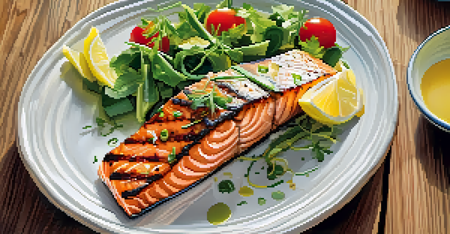 A close-up of grilled salmon garnished with herbs and lemon, served with a colorful salad of mixed greens, cherry tomatoes, and cucumber, on a white plate.