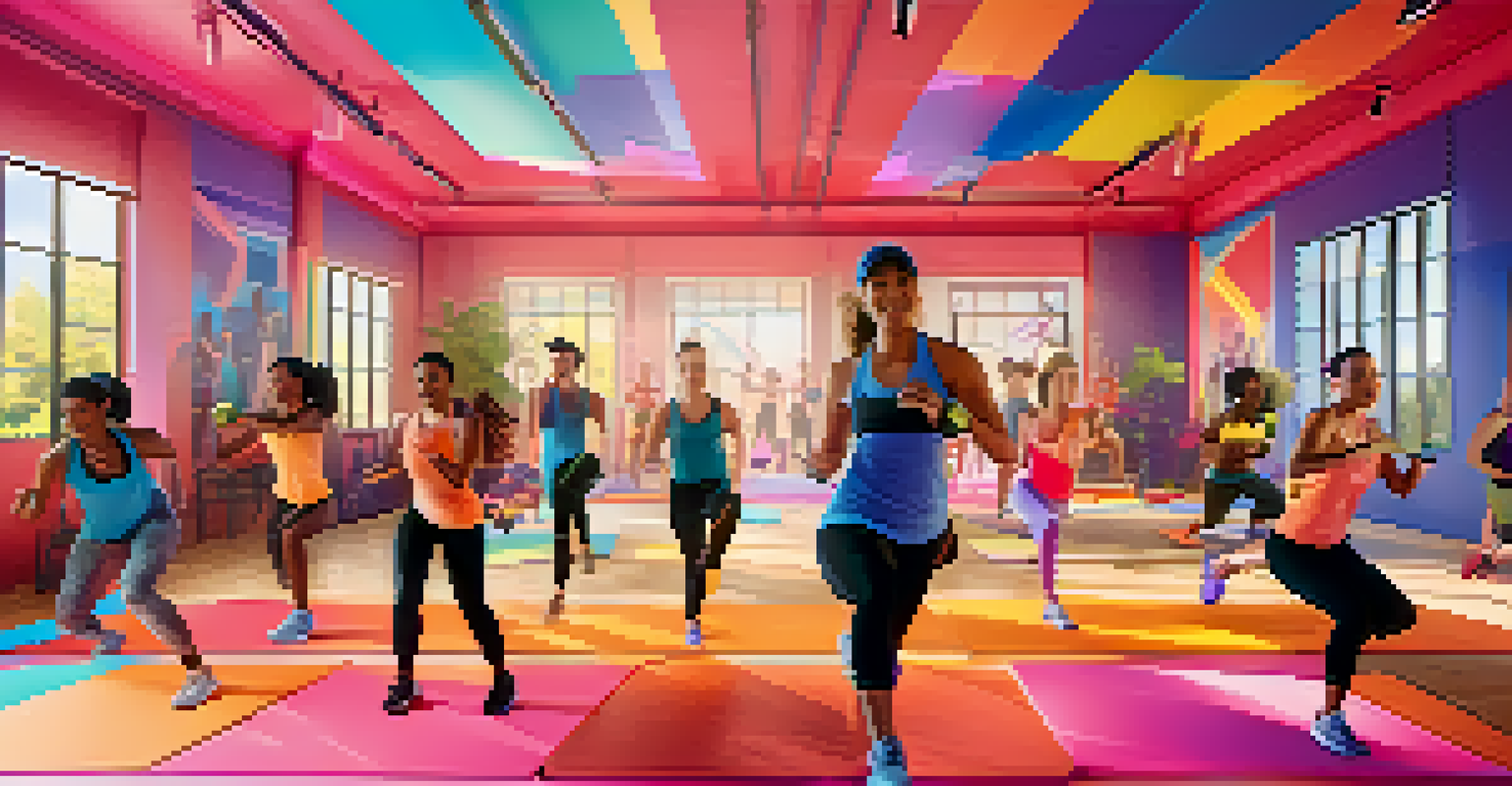A group of people participating in a virtual reality fitness class, surrounded by colorful graphics and interactive features.