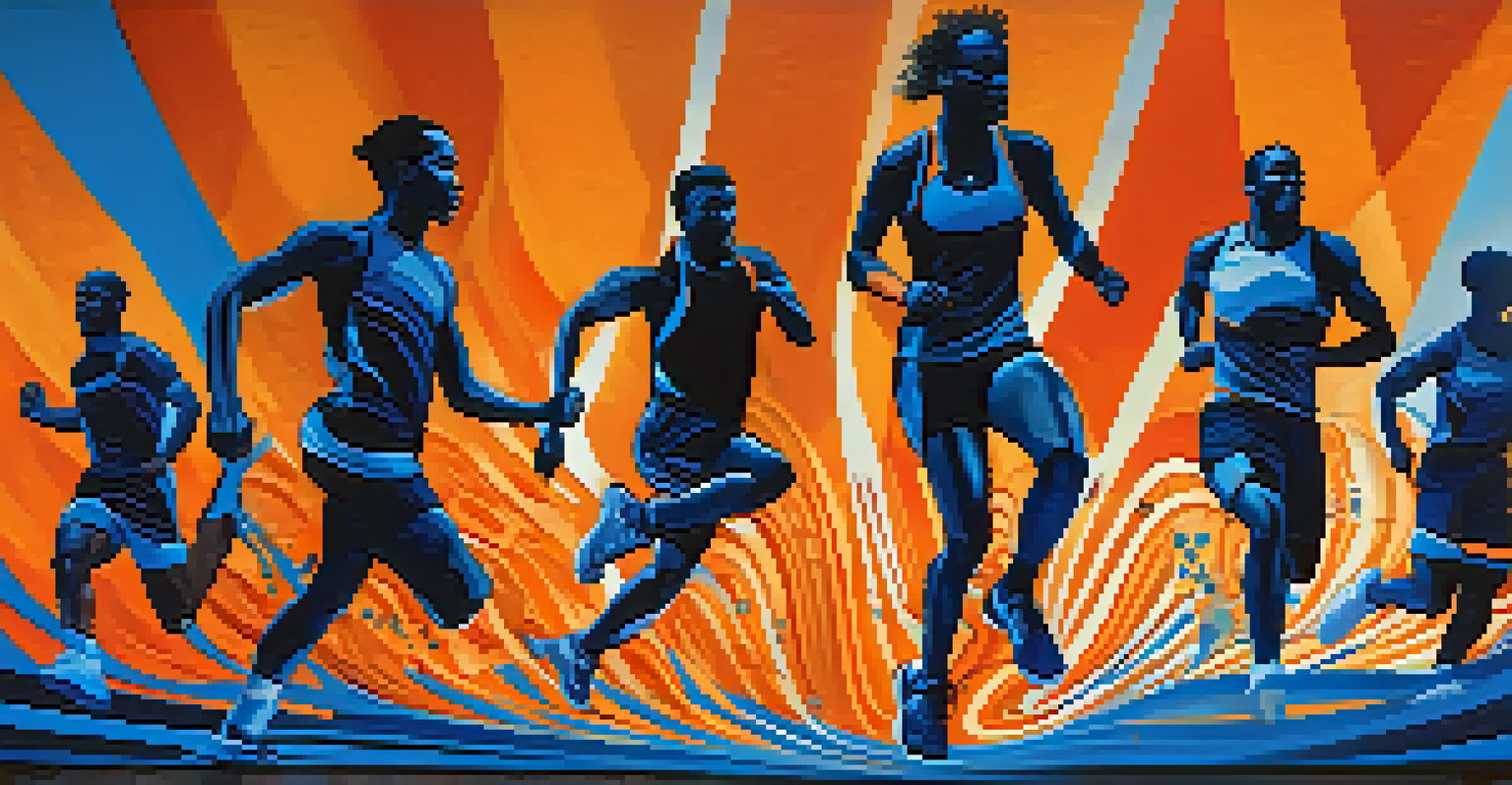 Colorful sound waves visually intertwining with the silhouettes of athletes in motion, representing the energy of music during workouts.