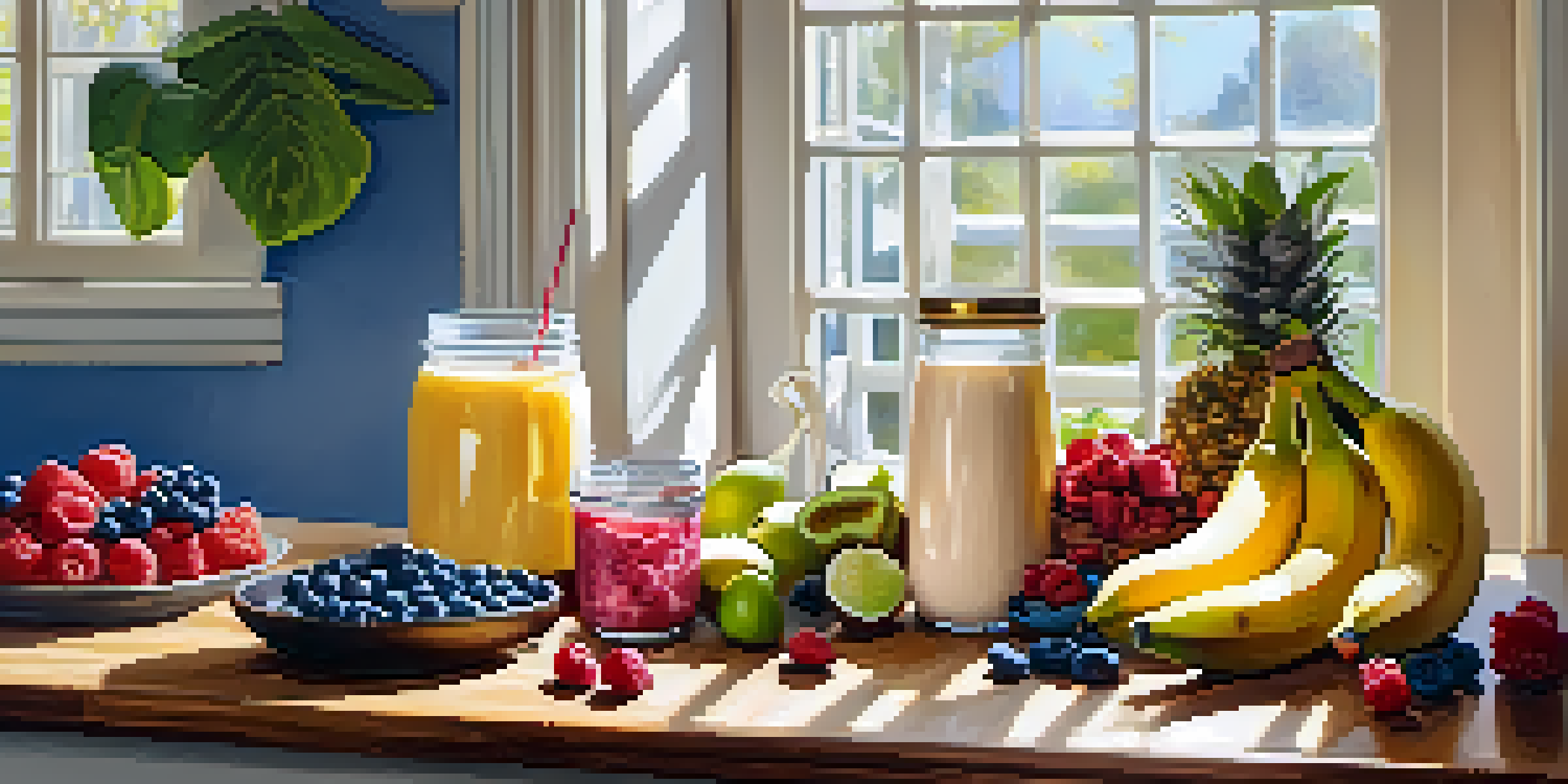 A bright kitchen countertop with various pre-workout foods including sliced bananas, almond butter, Greek yogurt with berries, and a colorful smoothie, illuminated by sunlight.